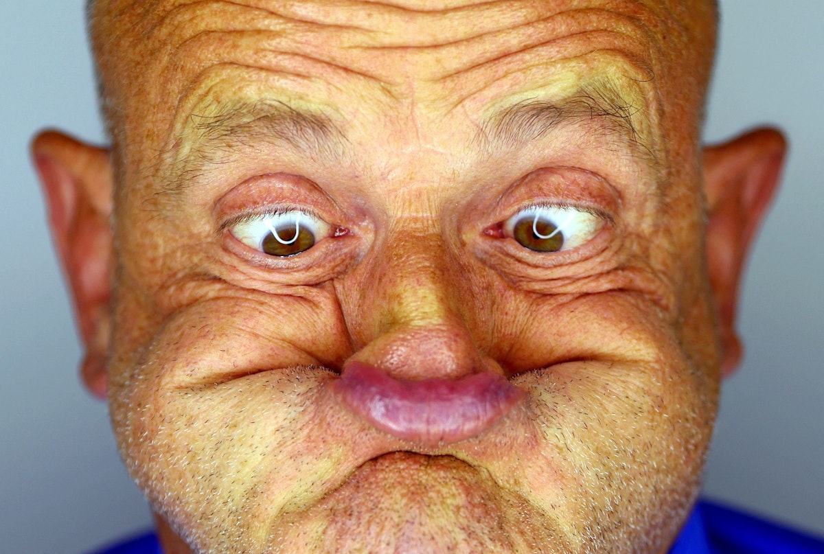 Adrian Zivelonghi practises ahead of the World Gurning Championships to be held in the Egremont Crab Fair in Egremont, Britain September 15, 2023. REUTERS/Lee Smith