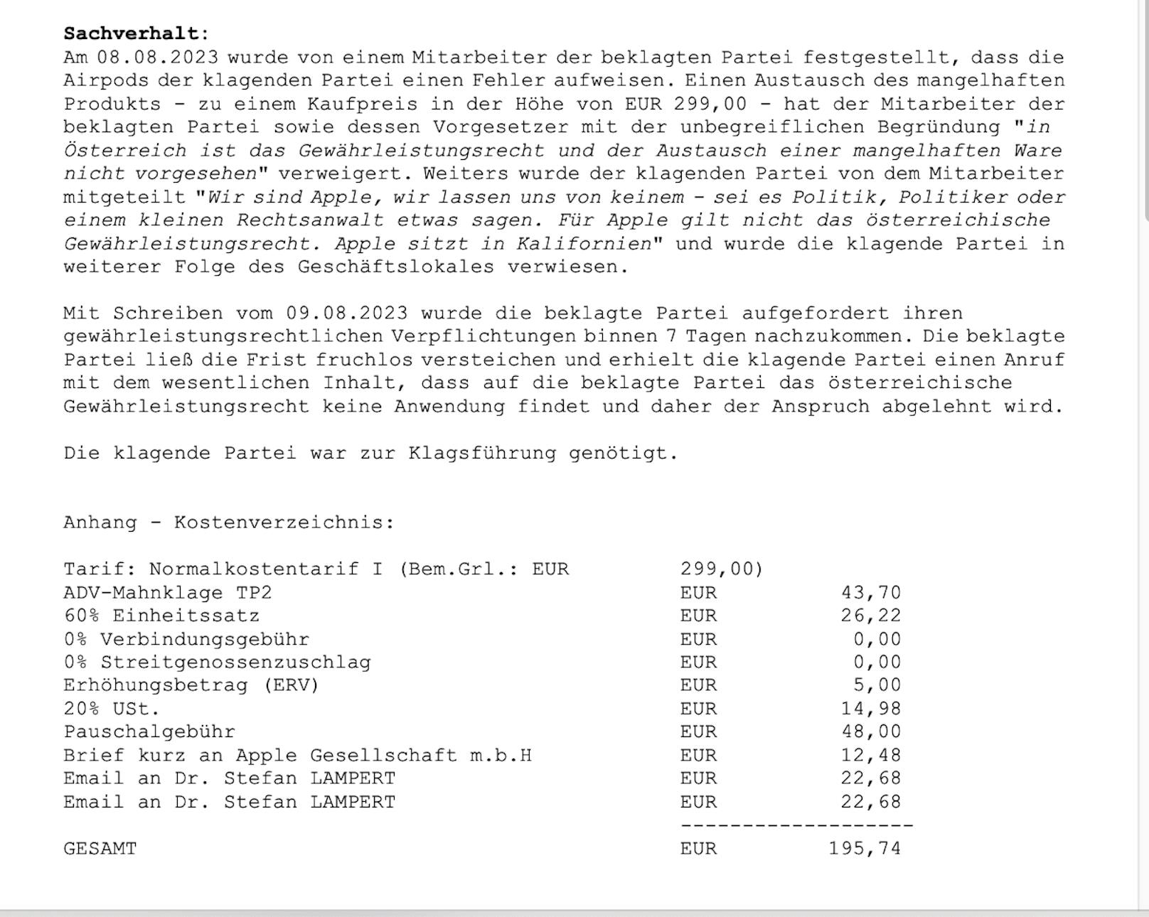 Die Sachverhaltsdarstellung von Anwalt Florian Höllwarth für seinen Kollegen Stefan Lampert.