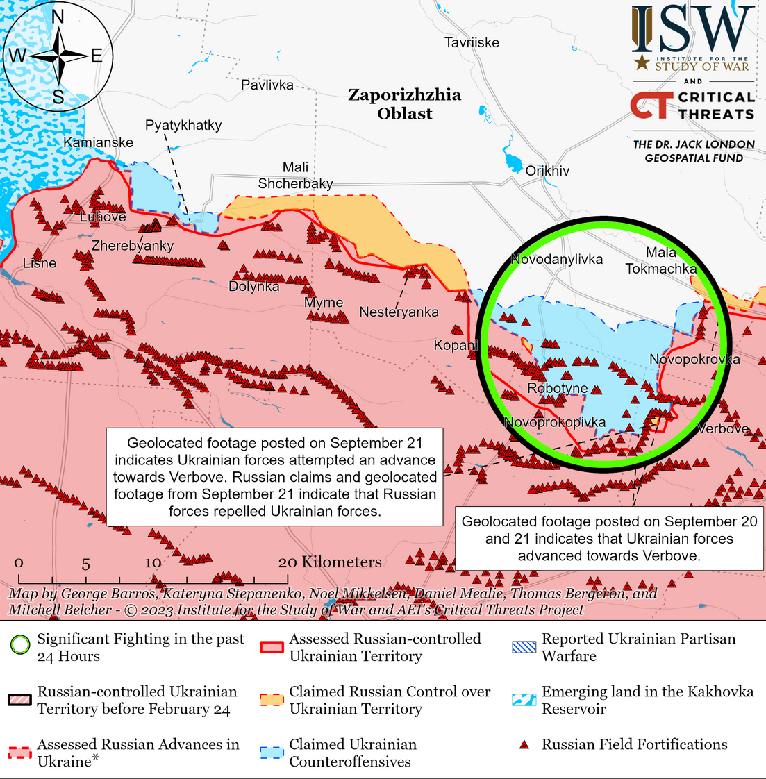 Die aktuelle Lageeinschätzung im Raum Robotyne des ISW am 21. September 2023.