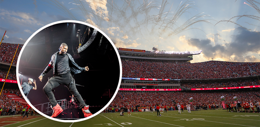 Usher performt beim Super Bowl 2024.