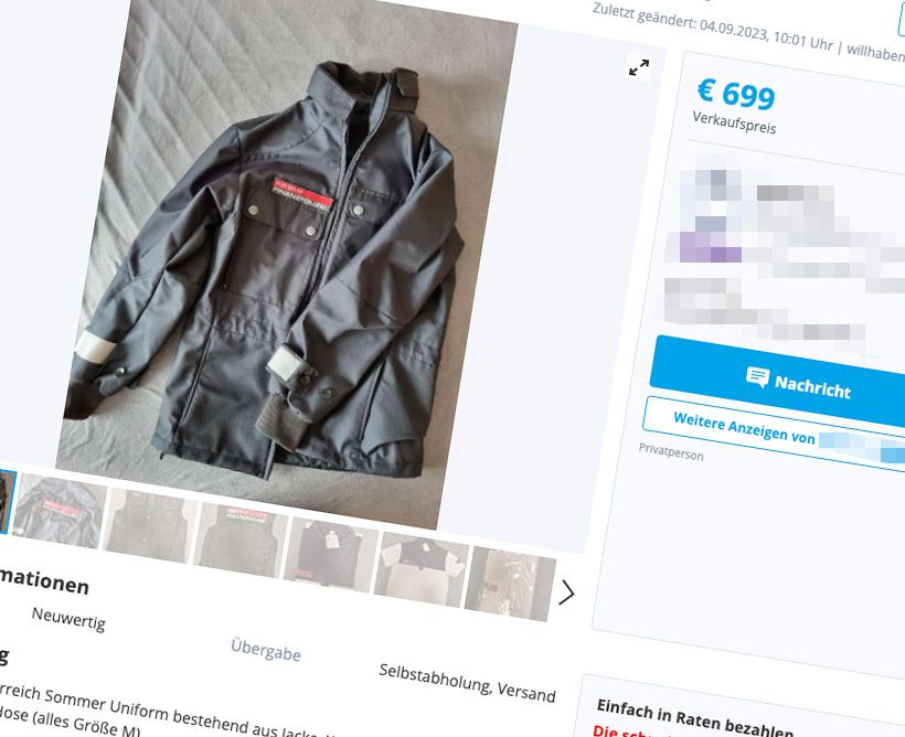 Hehlerei-Verdacht auf willhaben: User bietet Uniform der Finanzpolizei an.