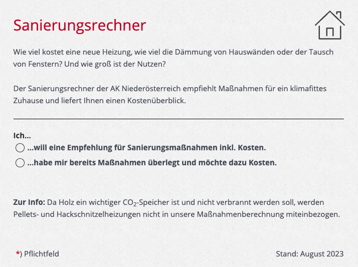 So sieht die Startseite des Sanierungsrechners aus.