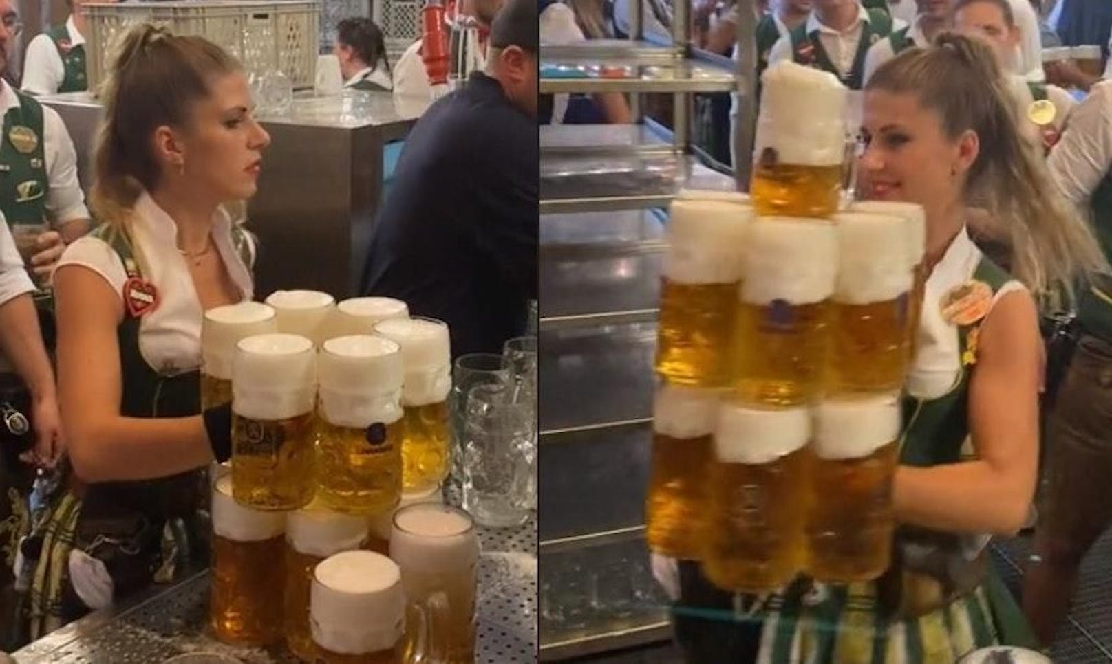 Beeindruckend: die Oktoberfest-Kellnerin transportiert Unmengen an Bier auf einmal. 