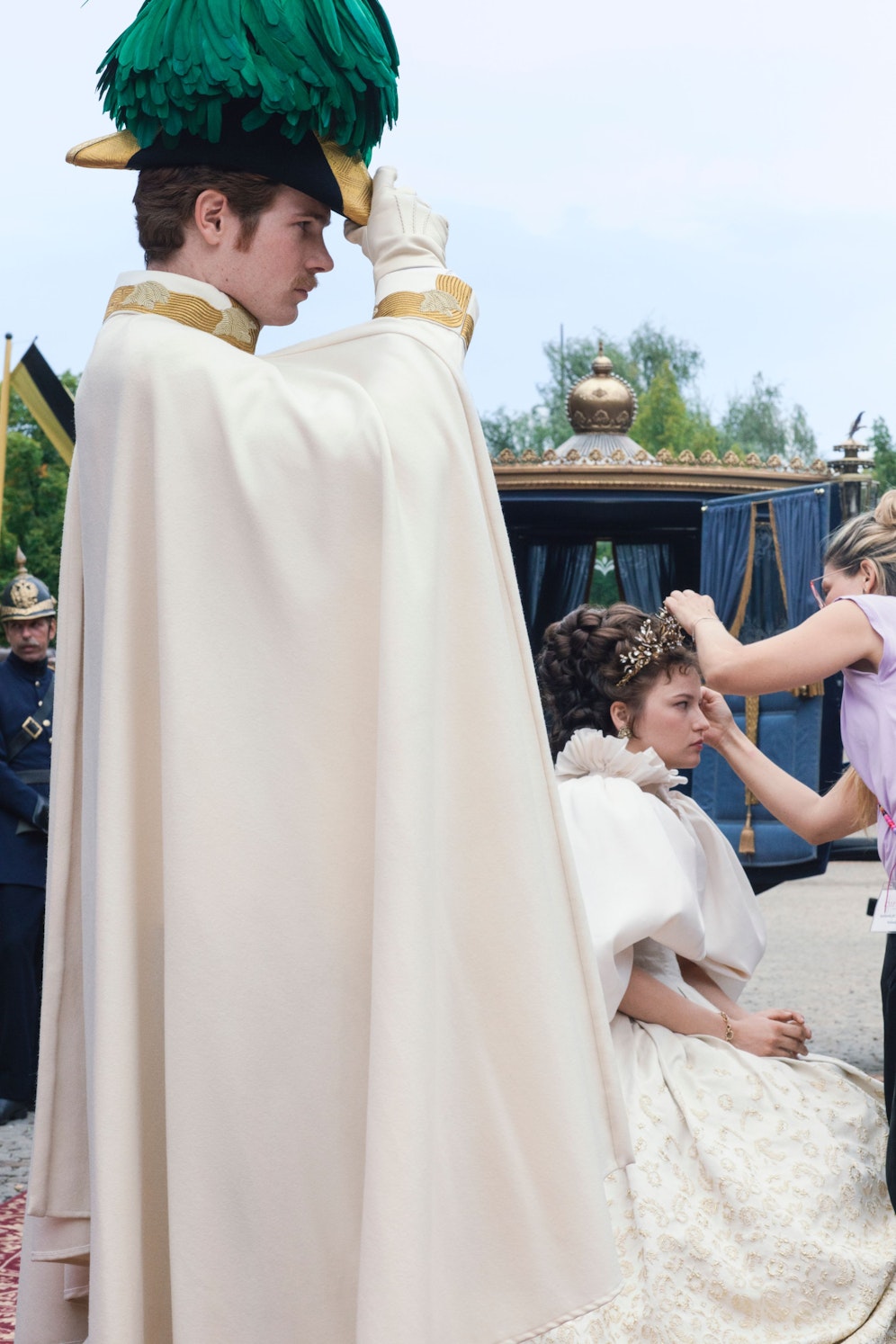 Philip Froissant as Franz and Devrim Lingnau as Elisabeth on the set of The Empress S2, Courtesy of Netflix 2023.