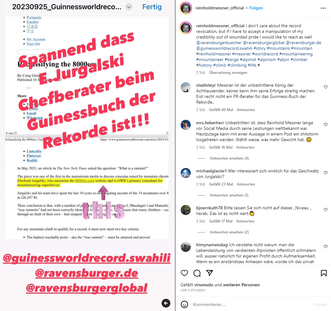 Dieses Bild postete Messner auf Instagram, nur um es wenig später wieder zu löschen. 