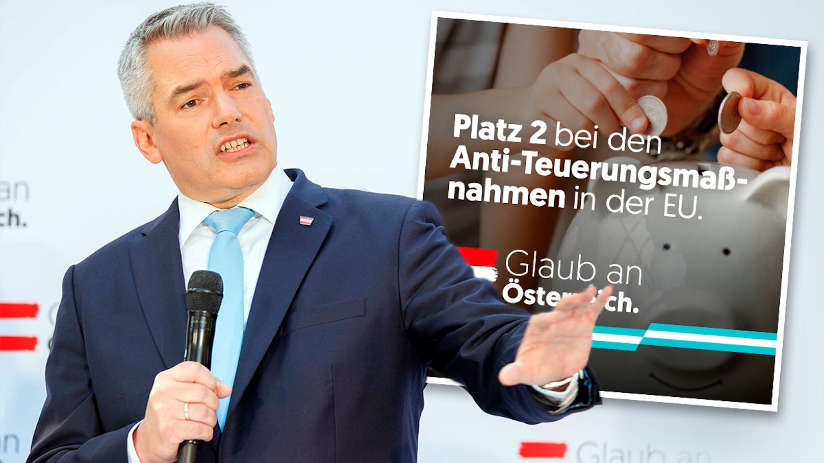 Kanzler Karl Nehammer und das Pannen-Sujet seiner "Glaub an Österreich"-Kampagne.