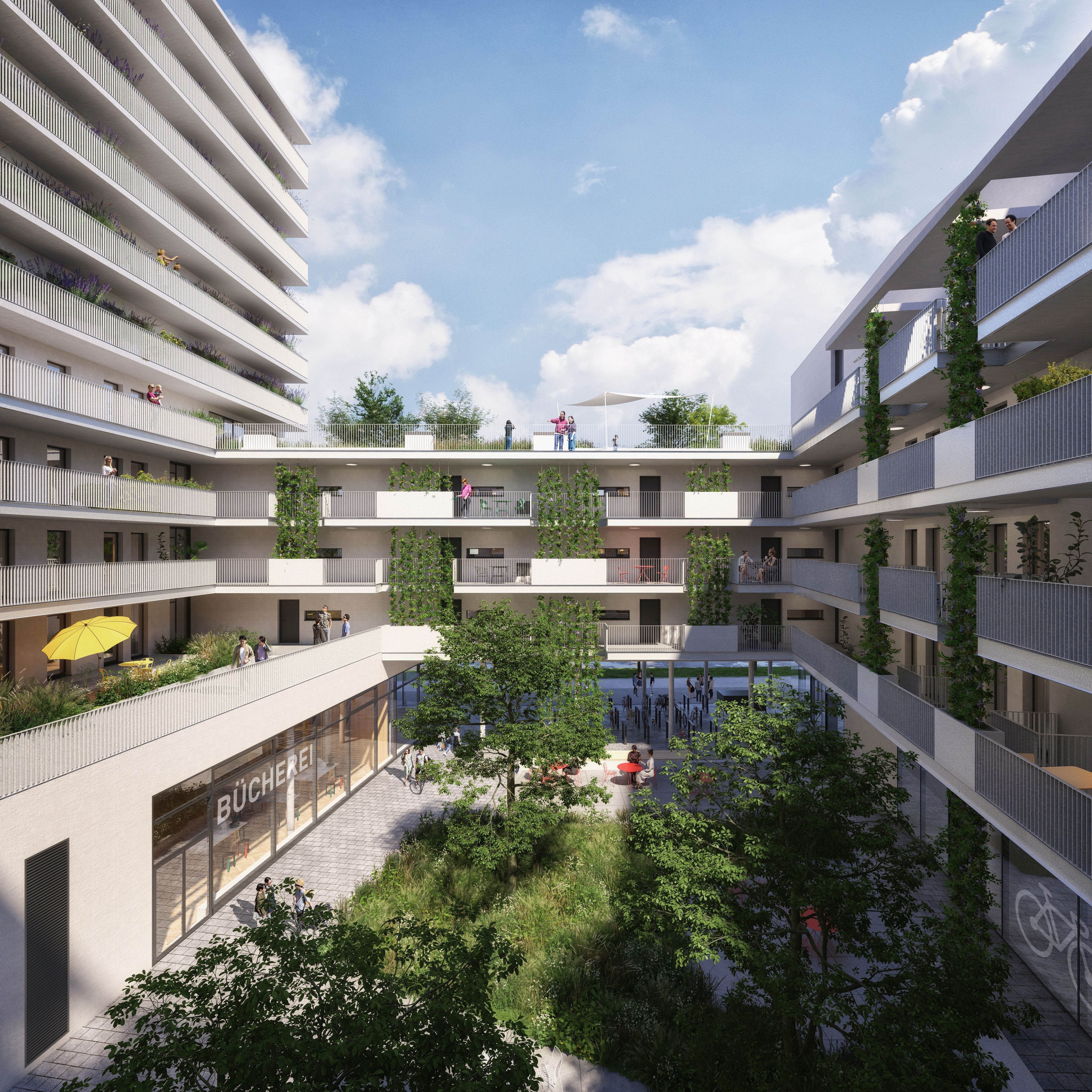 Der Gemeindebau umfasst 165 Gemeindewohnungen, Geschäftsflächen und die drittgrößte Bücherei der Stadt Wien. Das Haus soll Ende 2024 bezugsfertig sein.