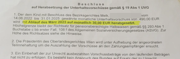 Der Beschluss des Bezirksgerichts. Monatlich bekommt Natascha M. jetzt nur noch 30 Euro.