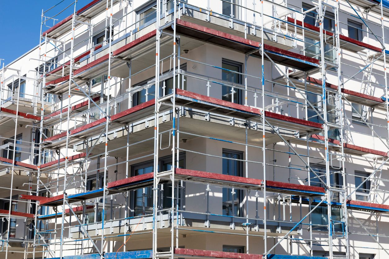 Construction of a new house, scaffolding helpful for final work.