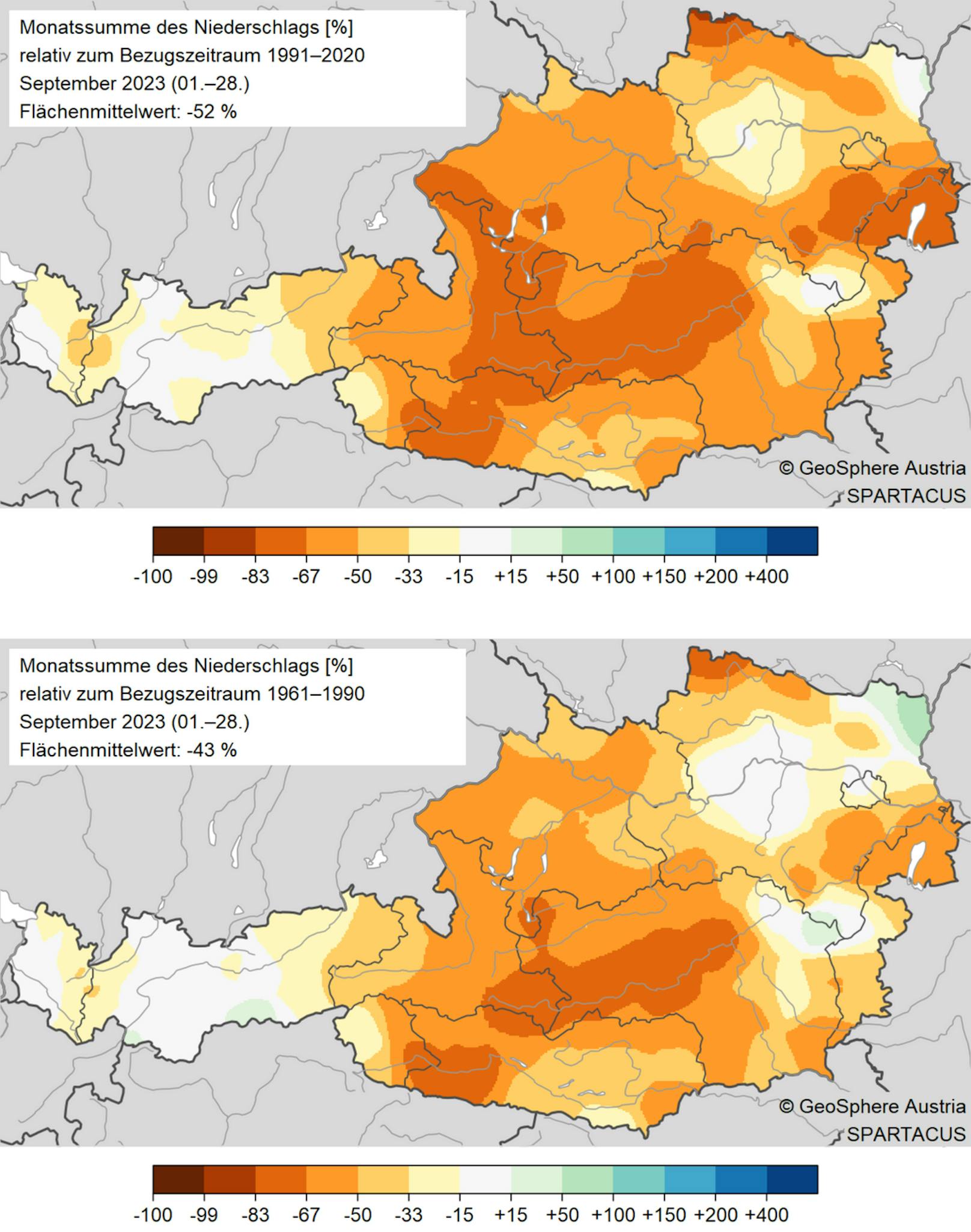 <strong>Niederschlag im September 2023:</strong> Abweichung des Niederschlags vom Mittel. Bild unten im Vergleich zum Mittel 1961-1990, Bild oben im Vergleich zum Mittel 1991-2020. Auswertung mit SPARTACUS-Daten bis inkl. 28.9.2023.