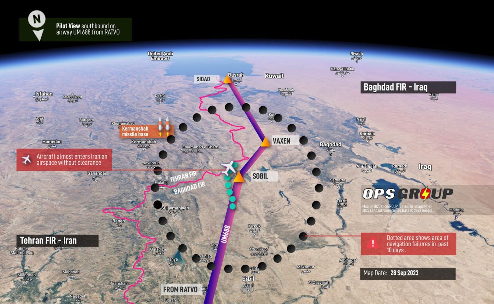 Im gepunkteten Gebiet über den irakisch-iranischen Luftraum kommt es seit dem 25. September 2023 zu sogenanntem GPS-Spoofing.