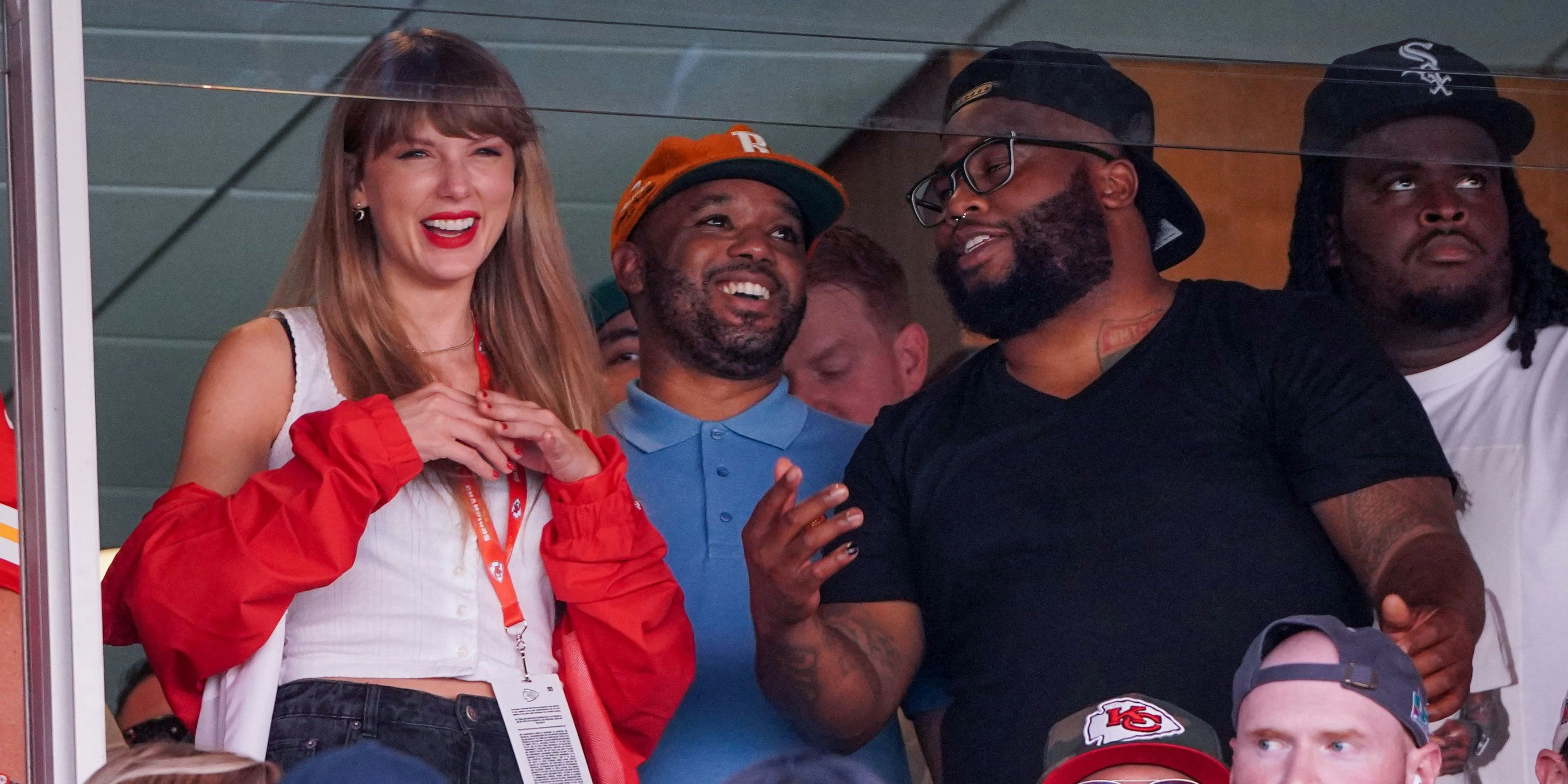 Sep 24, 2023; Kansas City, Missouri, USA; Taylor Swift laughs while watching the Kansas City Chiefs vs Chicago Bears game during the first half at GEHA Field at Arrowhead Stadium. Mandatory Credit: Denny Medley-USA TODAY Sports
