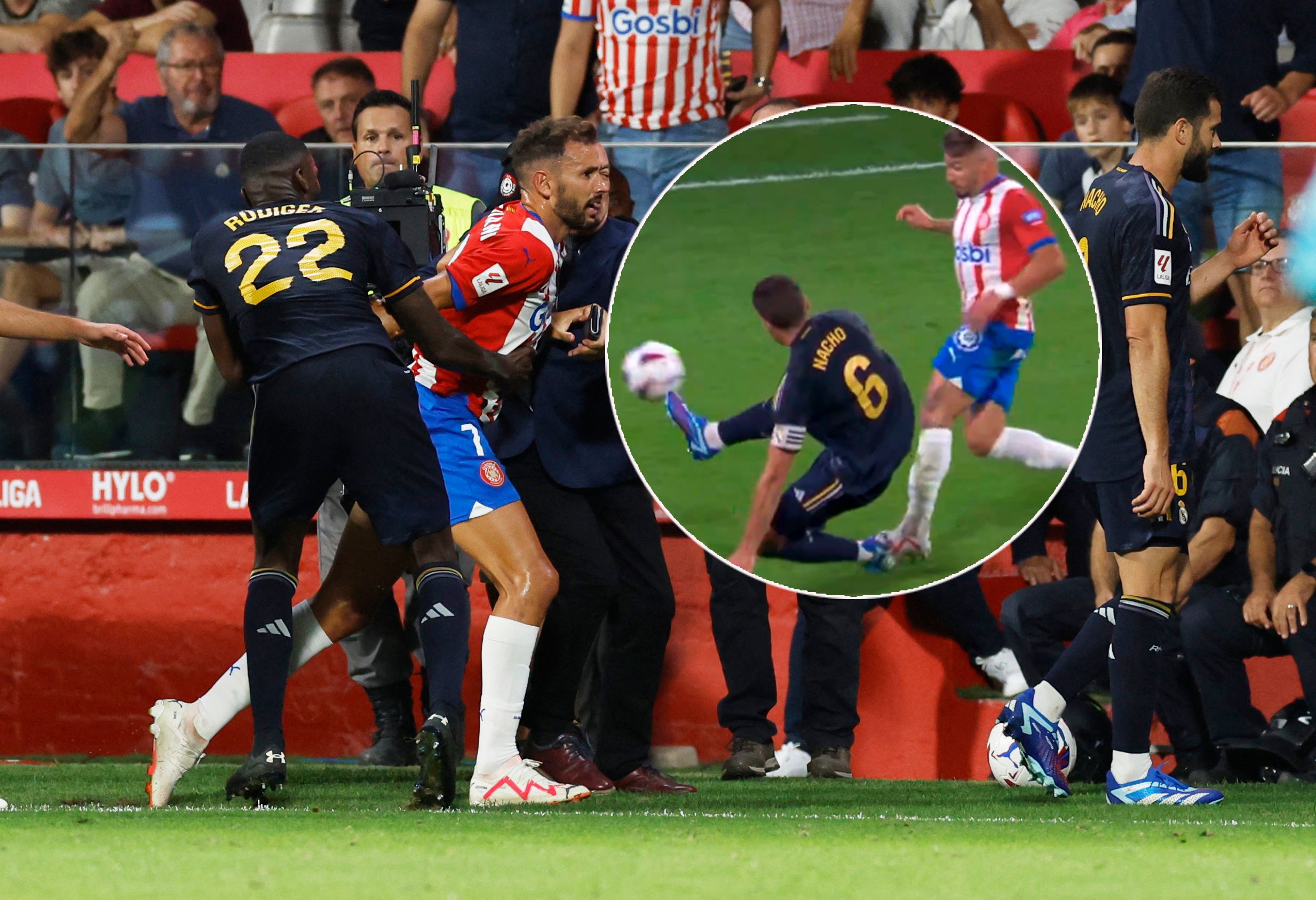 Nacho verfehlt den Ball, trifft danach Gegenspieler Portu.