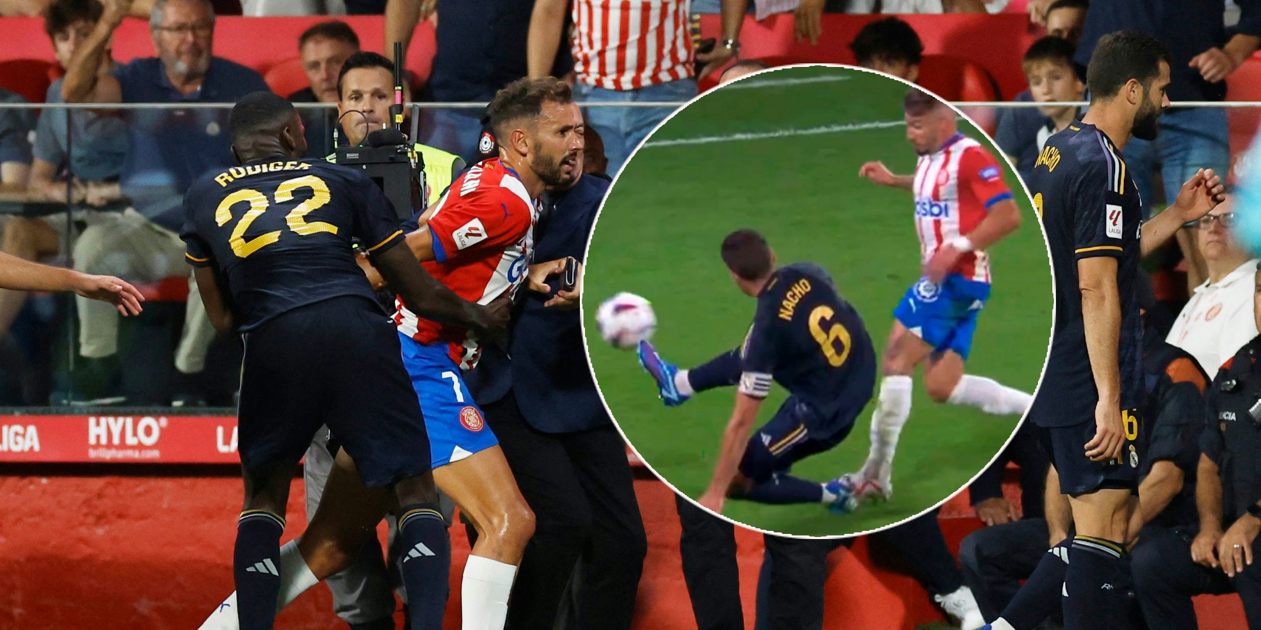 Nacho verfehlt den Ball, trifft danach Gegenspieler 