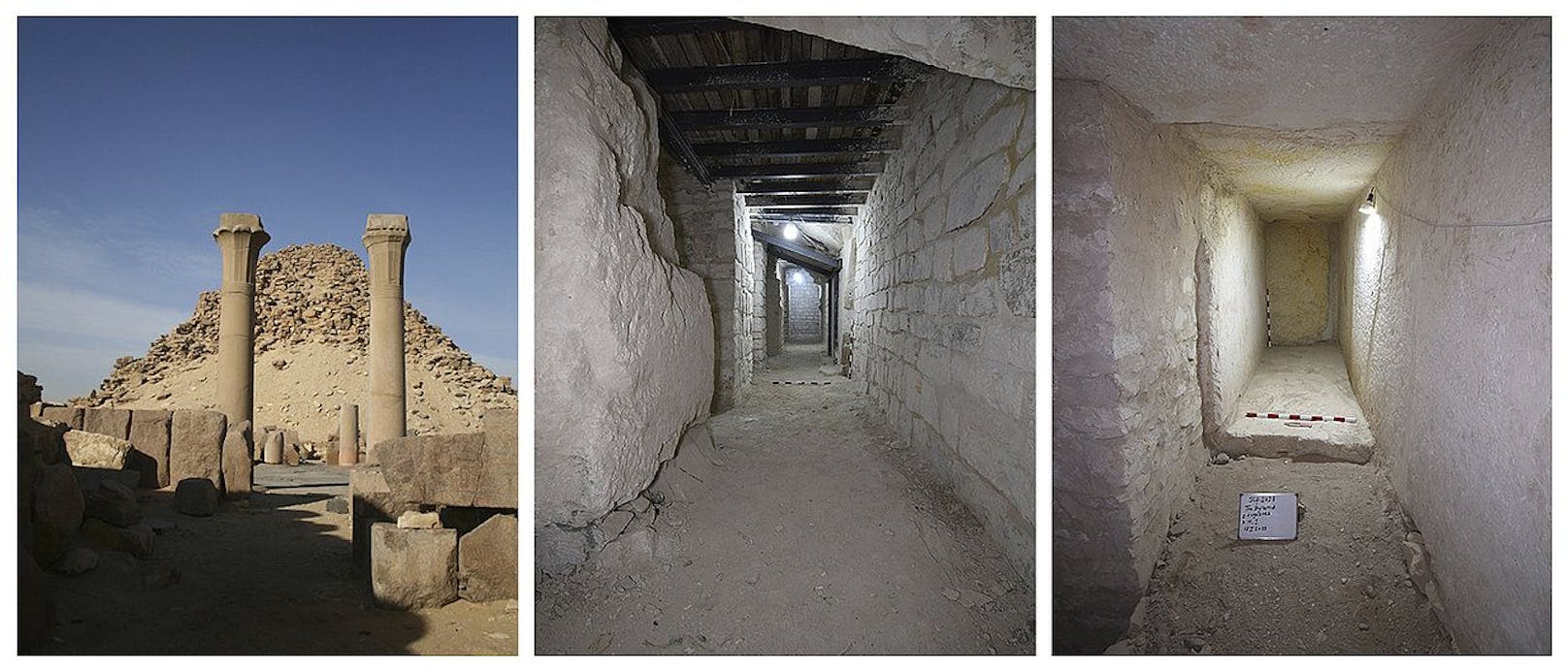 Von links nach rechts: Außenansicht der Pyramide. Ein mit Stahlträgern gesicherter Durchgang. Einer der entdeckten Lagerräume.