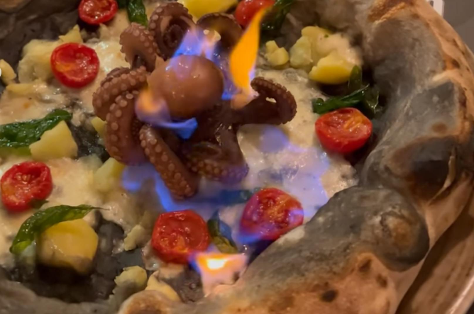 Hier wird eine Baby-Krake direkt auf der Pizza vor den Augen der Gäste angezündet.