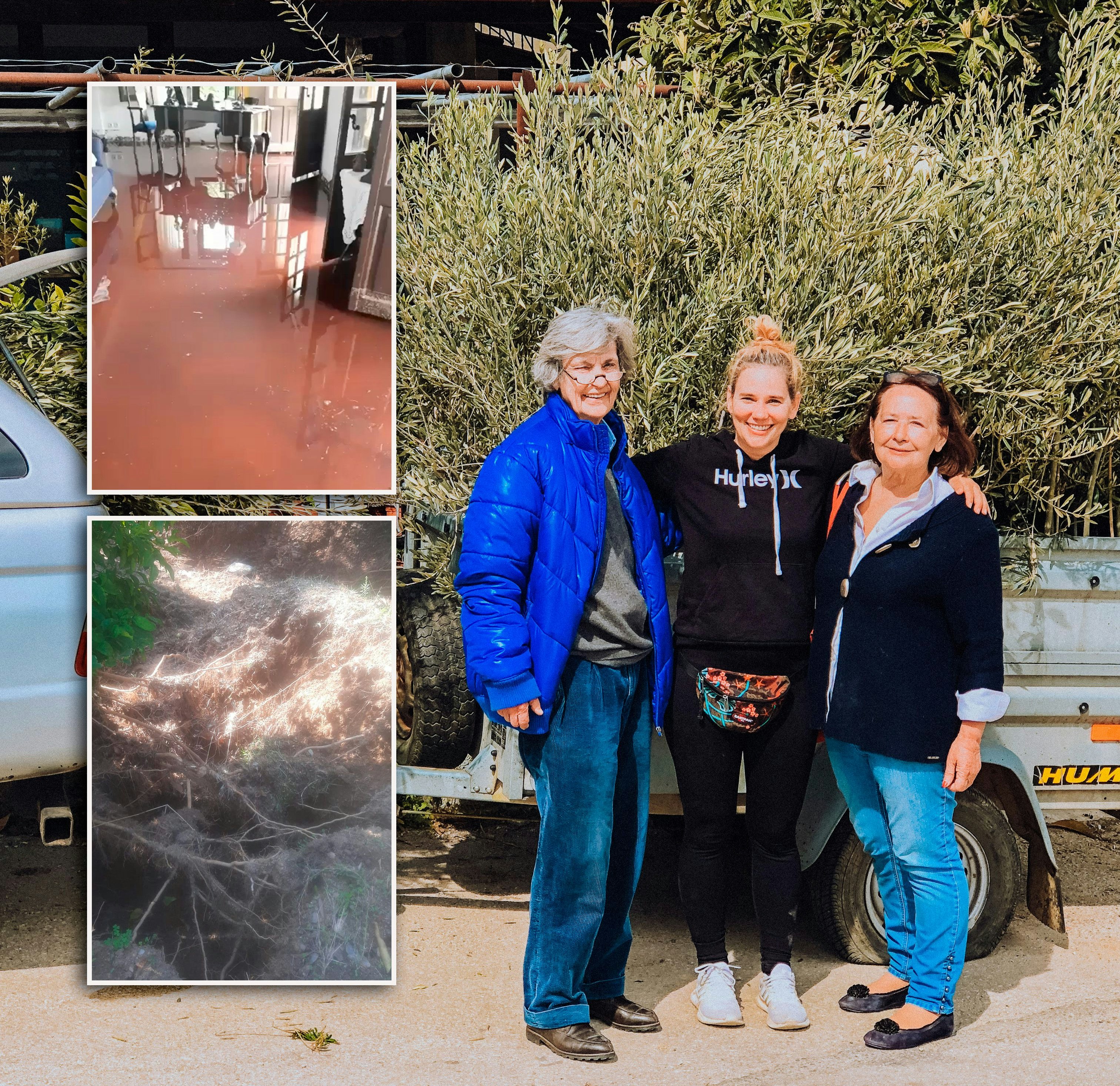 Vera Volkert, Lebensgefährtin Eva Cerny und ihre Tochter Sophie Cerny (v.l.) müssen mit den Folgen der Griechenland-Unwetter leben.