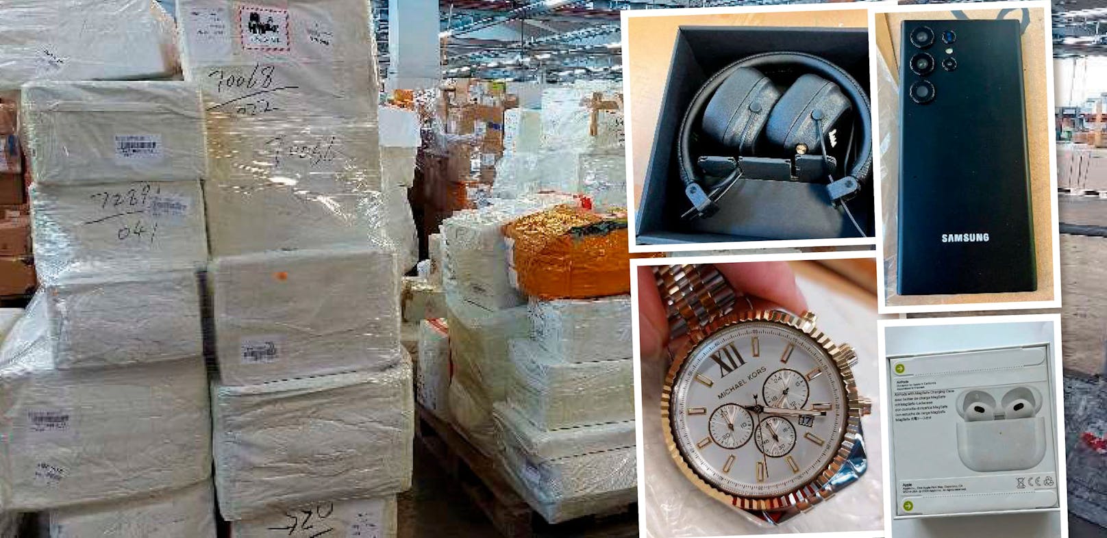 Unter den konfiszierten Fake-Produkten waren auch Luxus-Uhren, Handys und Kopfhöhrer.
