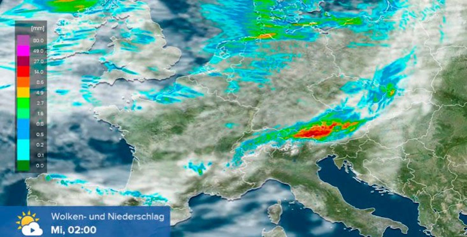 So rollt die Gewitter-Walze in der Nacht auf Mittwoch über Österreich hinweg.