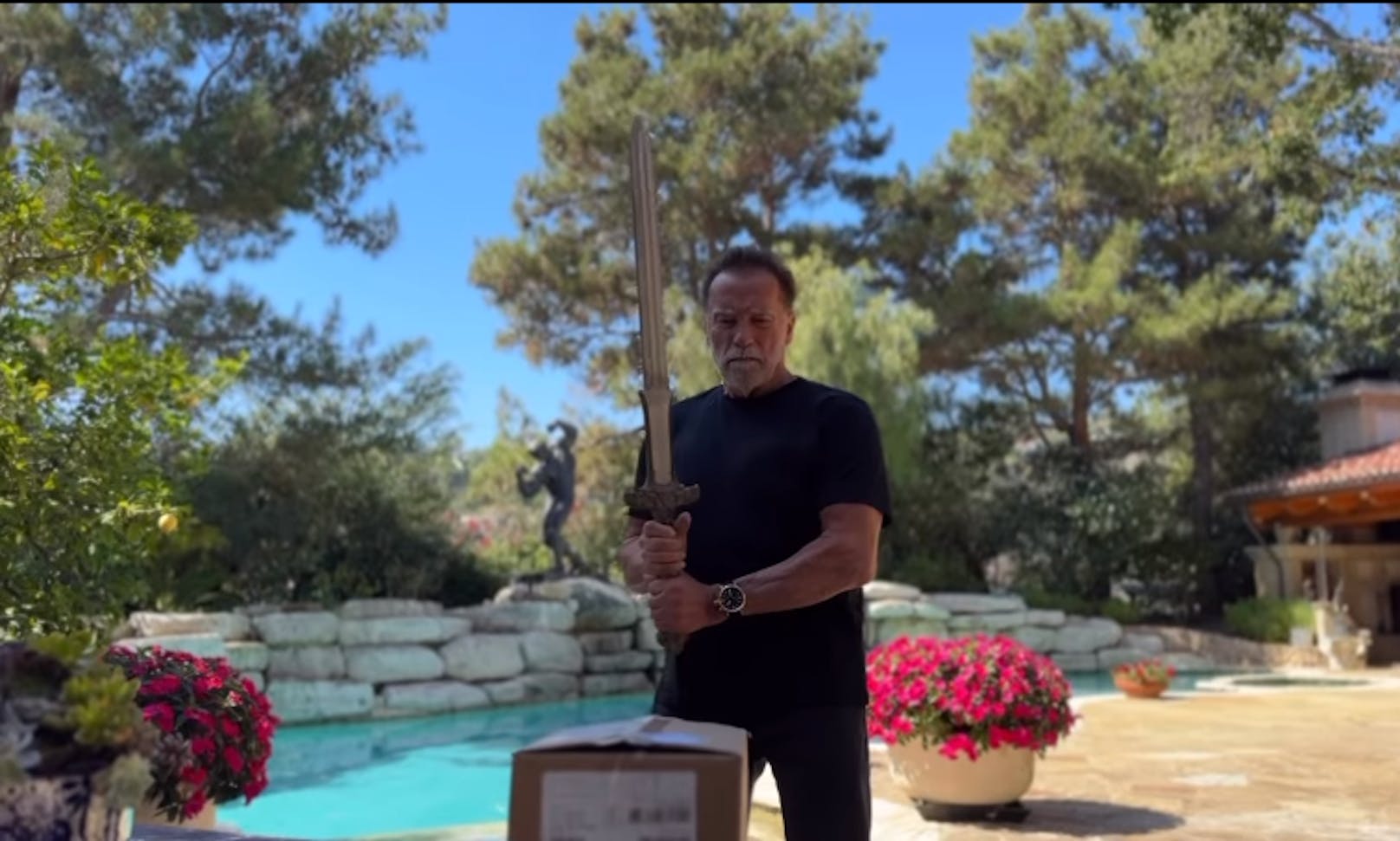 Unboxing mit Schwert: Schwarzenegger öffnet den Karton natürlich spektakulär.