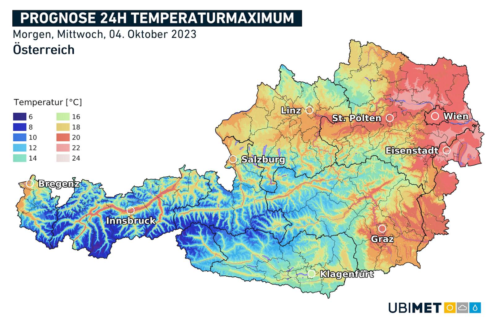 So sieht die Temperaturverteilung am Mittwoch (04. Oktober 2023) aus.