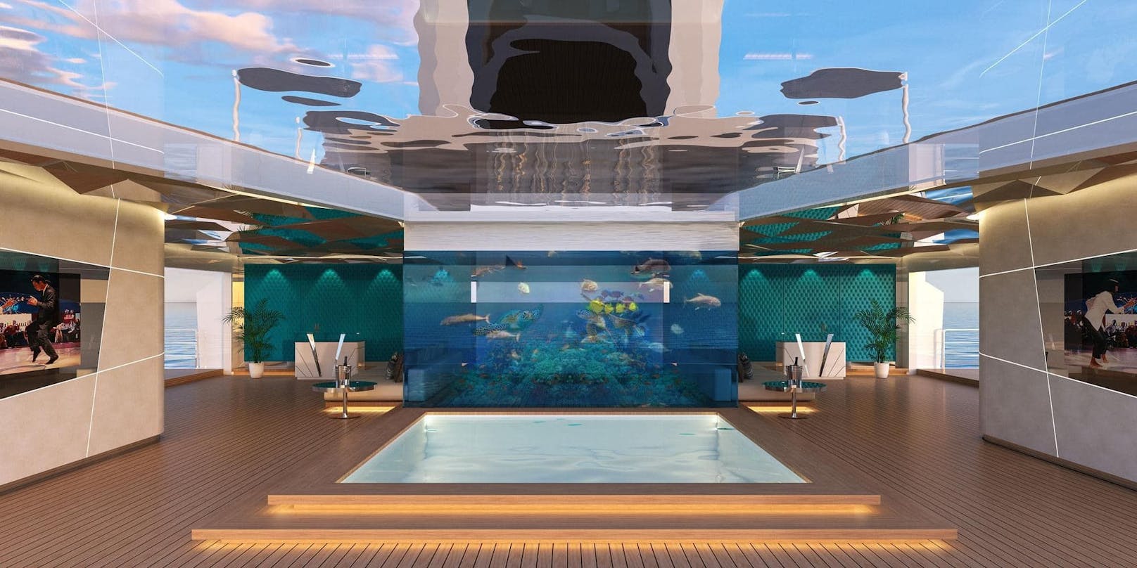 Im Beach Club gibt es auf dem Unterdeck ein Aquarium und eine transparente Decke, die auch den Boden des Oberdeck-Schwimmbeckens bildet.