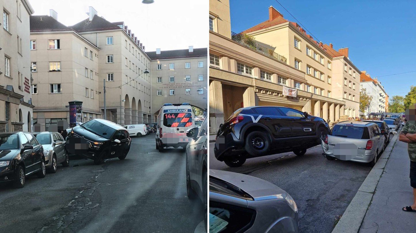 ﻿Kurioser Unfall in Wien-Ottakring, Auto steht quer