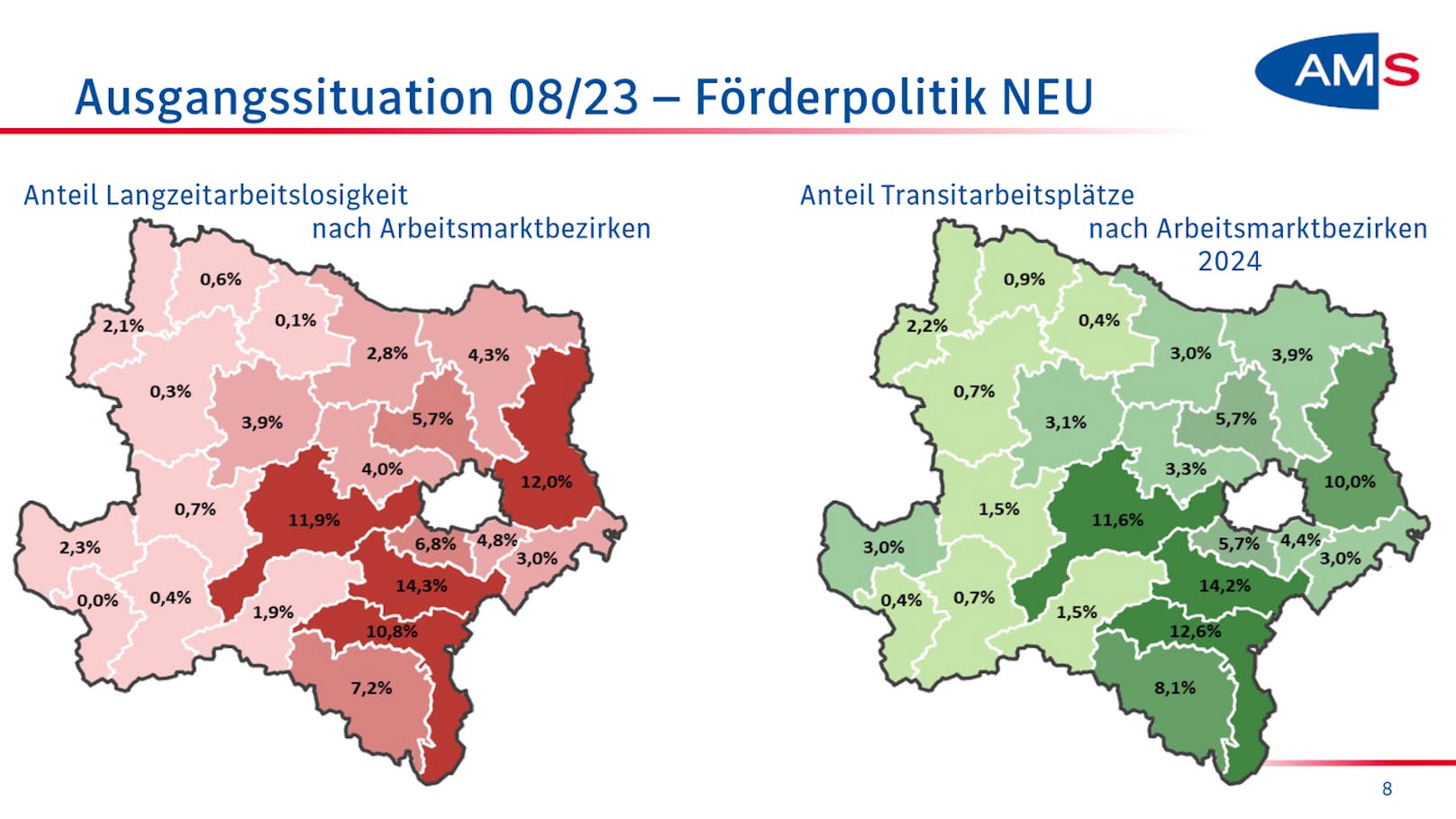 Der Anteil an Langzeitarbeitslosigkeit liegt im Ybbstal bei 0,0 %, in Zwettl bei 0,3%, in Waidhofen/Thaya bei 0,6% und im Bezirk Horn bei 0,1%. Im Gegensatz dazu: Im Bezirk Gänserndorf liegt sie bei 12%, im Bezirk Baden bei 14,3%, in St. Pölten-Land bei 11,9% und im Bezirk Wr. Neustadt-Land bei 10,8 %.