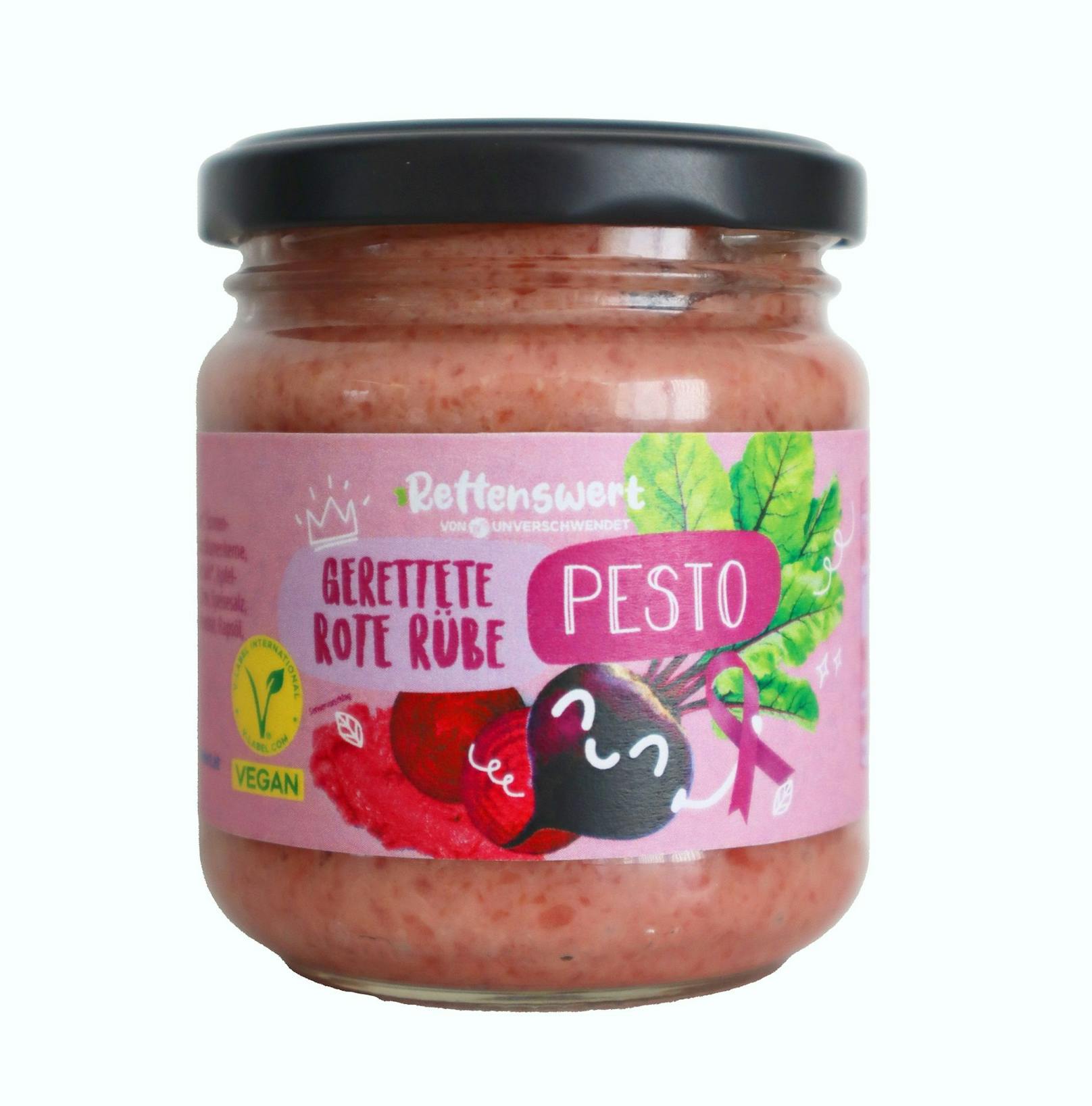 Zudem steht der pinke Eye Catcher aus geretteten Lebensmitteln, das Rote Rübe Pesto der nachhaltigen Eigenmarke "Rettenswert" in pinker Aufmachung zum Verbrauch.
