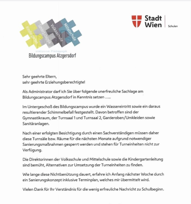 Dieser Elternbrief warnte die Eltern vor dem Schimmelbefall nach dem Wasserschaden