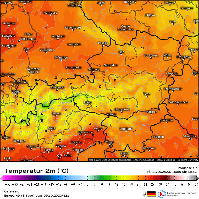 Temperaturprognose für Mittwoch, 11. Oktober 2023.