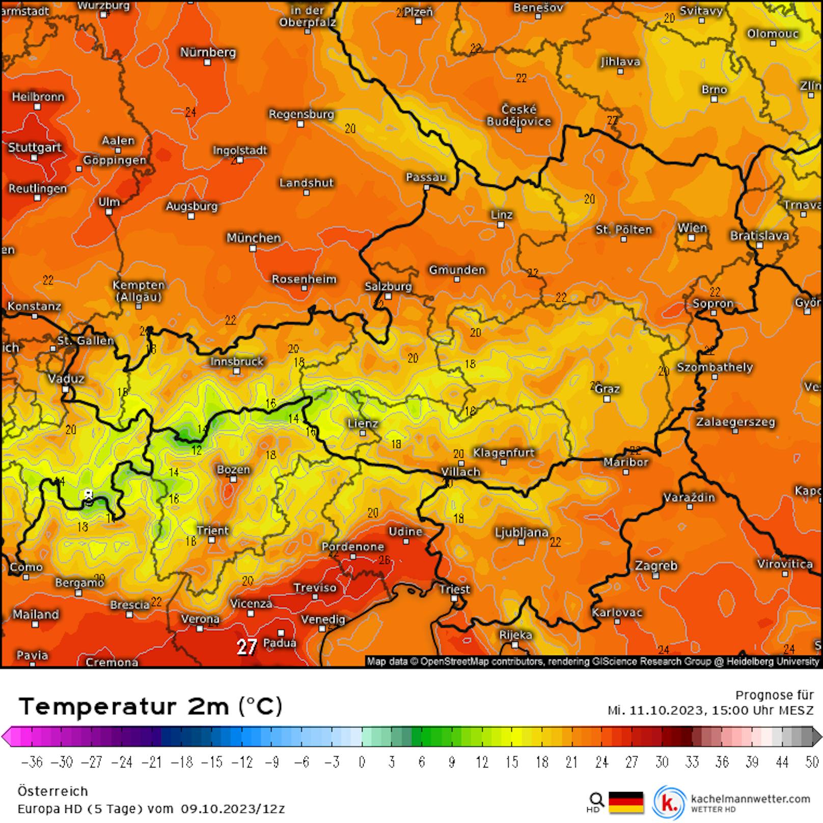 Temperaturprognose für Mittwoch, 11. Oktober 2023.