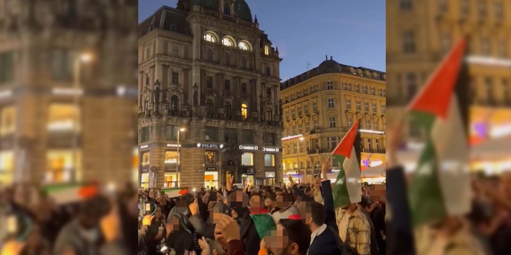 Trotz Verbot: Fahnen und Sprechchöre am Stephansplatz.
