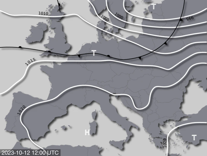 Bodendruck- und Frontenkarte für Donnerstag, 12. Oktober 2023
