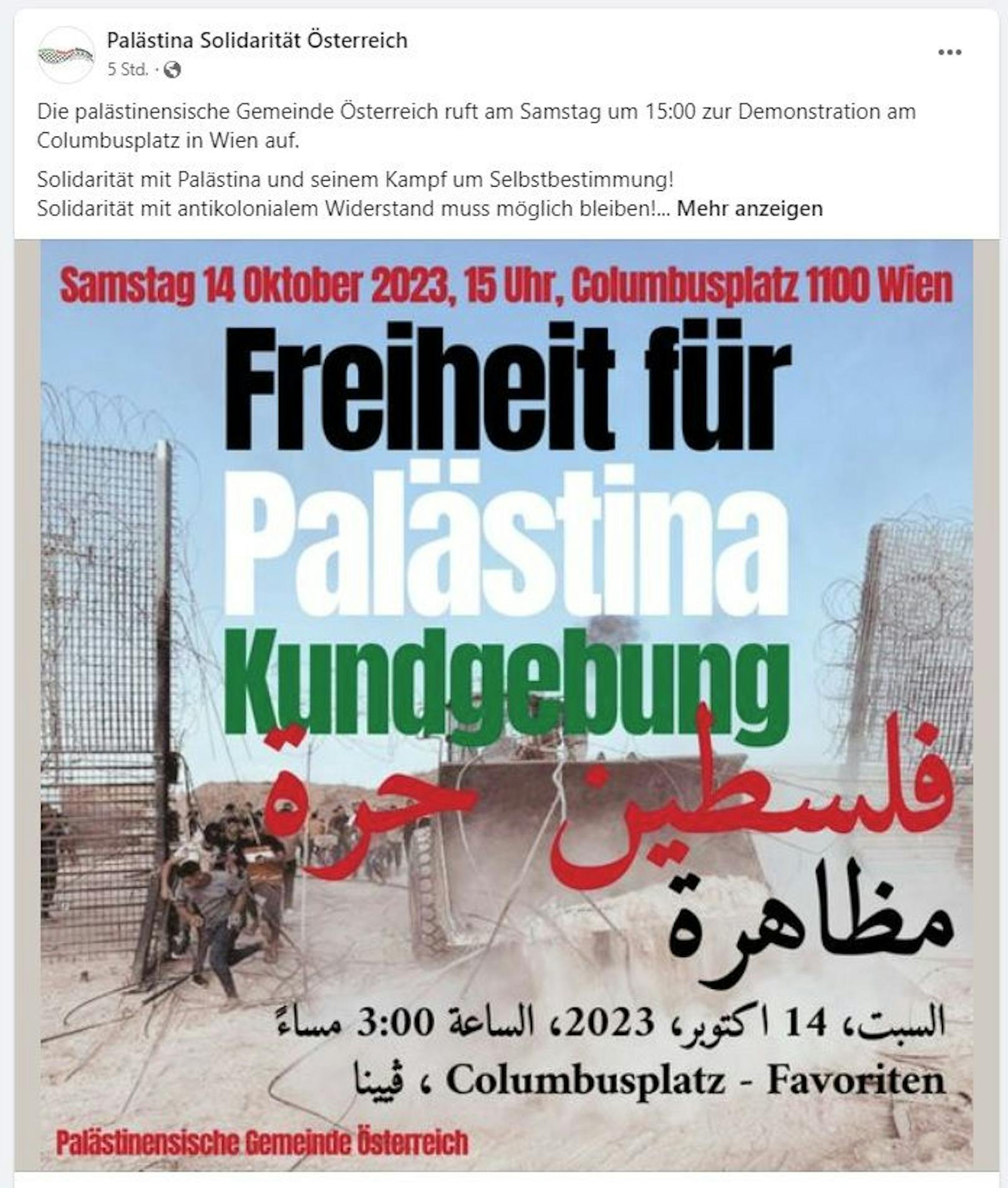 Auch am kommenden Samstag wird es Wien wieder zu einer Pro-Palästina-Kundgebung kommen.