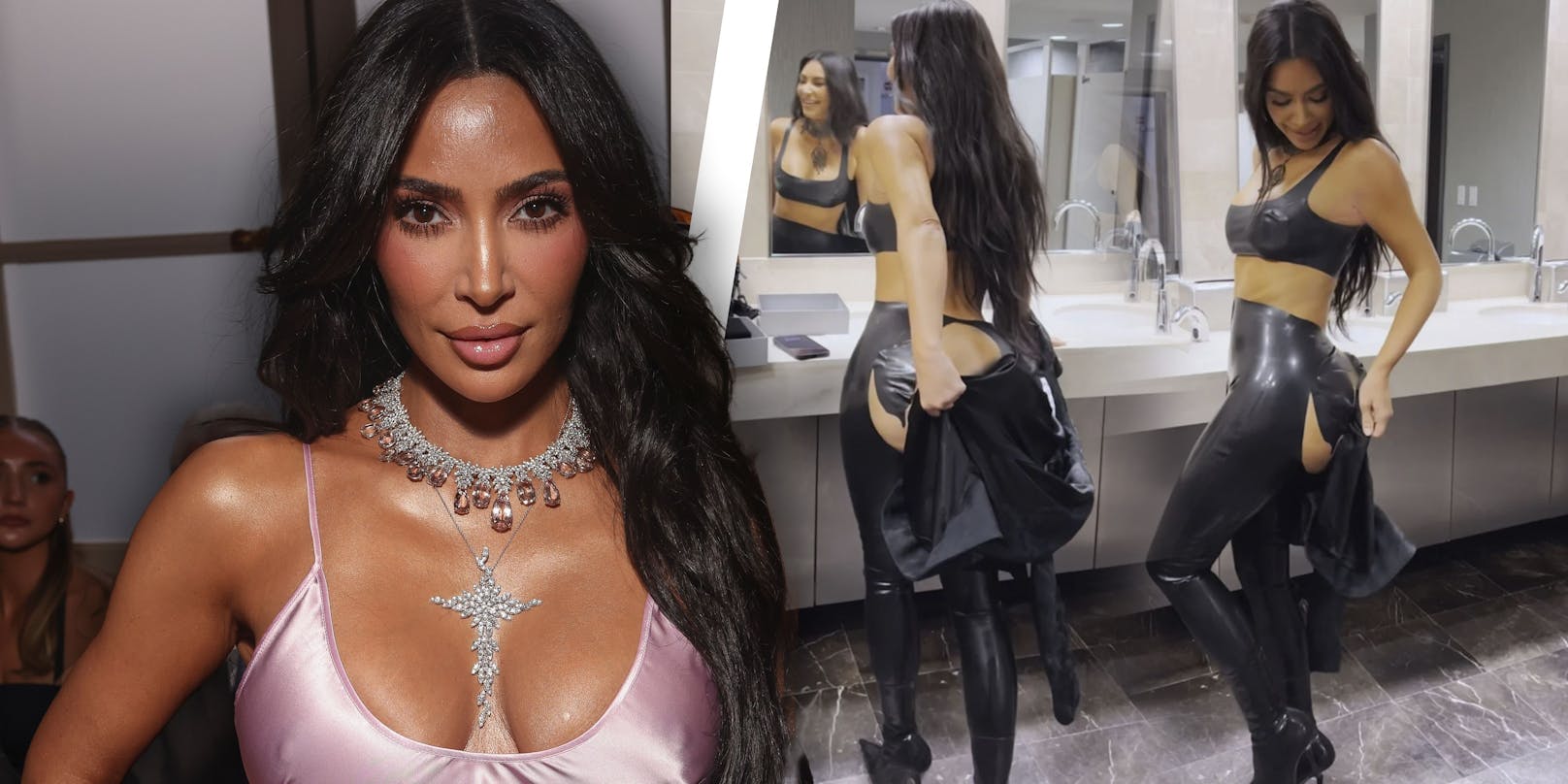 Kim Kardashian zeigt bei "The Kardashians", wie ihr die Latexhose gerissen ist.