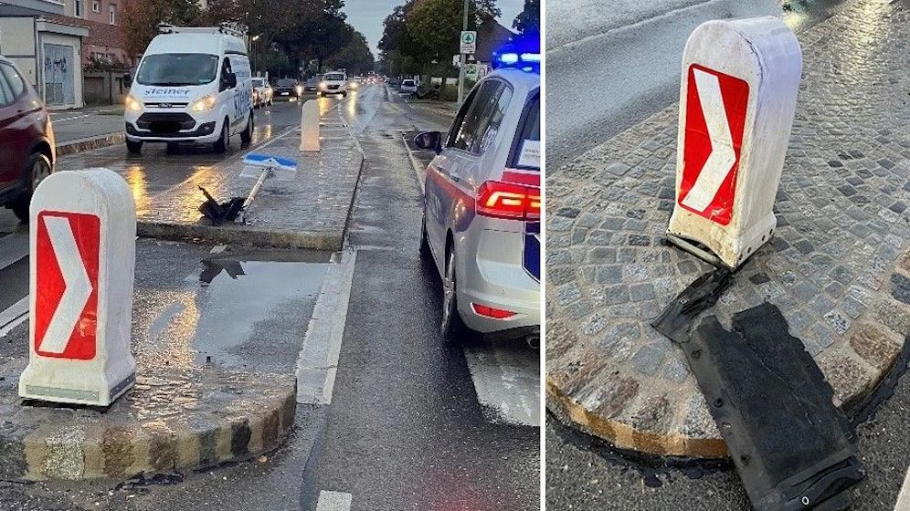 Alko-Lenker mäht Schilder um und flieht vor Polizei.