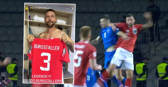 Guido Burgstaller flog mit Gelb-Rot für diesen Ellbogenschlag vom Platz. "Legende", sagt Marcel Sabitzer auf Instagram.