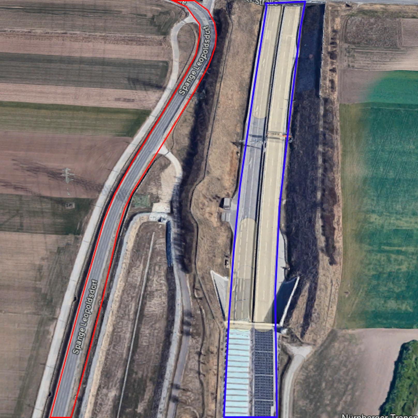 Rot eingefärbt: Die Umweltschutzzone. Wenige Meter daneben liegt die Schnellstraße S1 (blau markiert).