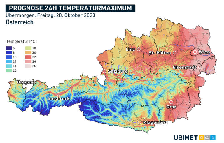 Prognose der Temperaturmaxima am Freitag, 20. Oktober 2023.