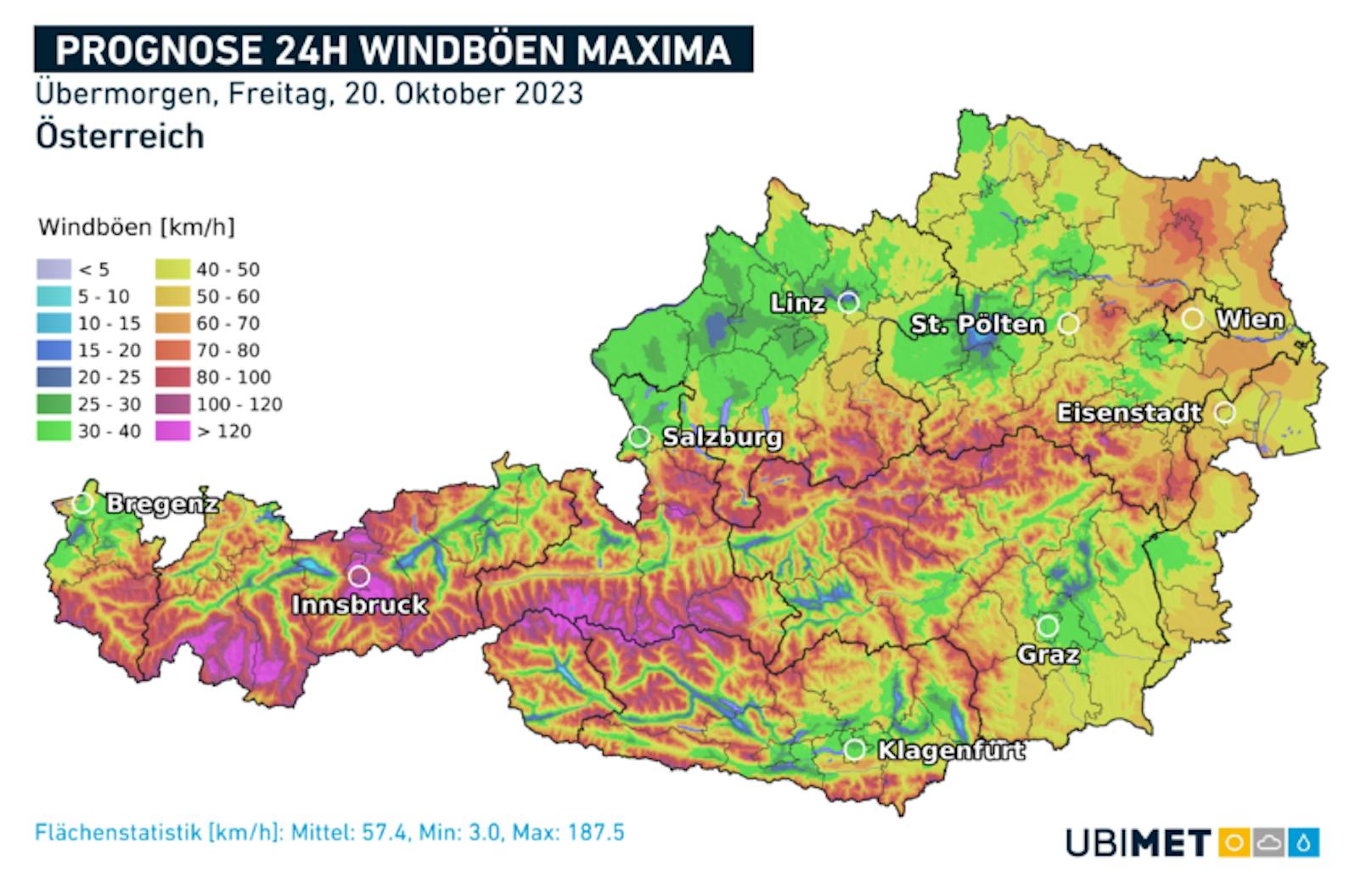 Die Windböen-Maxima für Freitag.