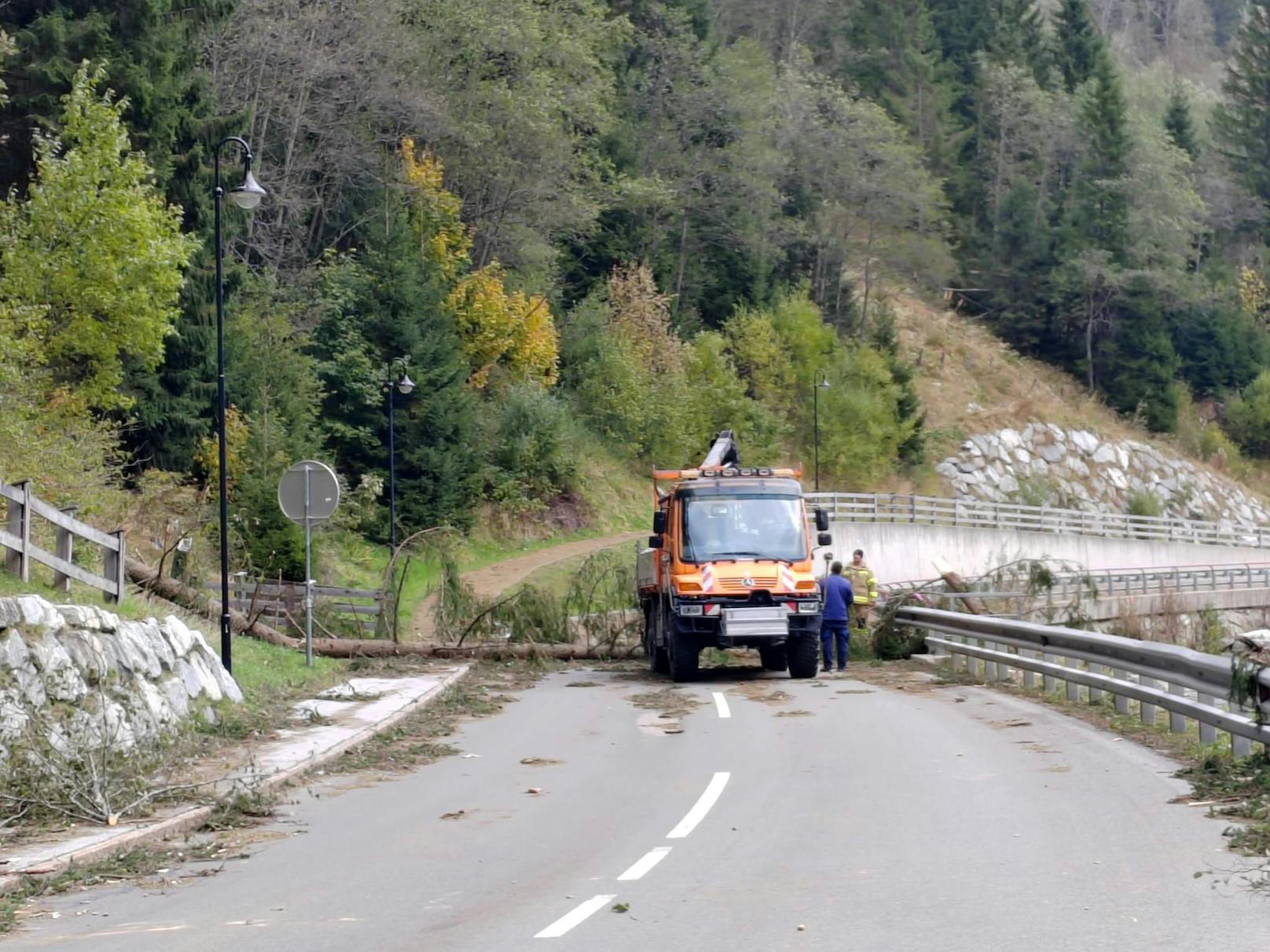 Sturmschäden nahe Zell am Ziller: Zwischen Hainzenberg und Gmünd musste die Straße wegen umgestürzter Bäume in beiden Richtungen gesperrt werden.