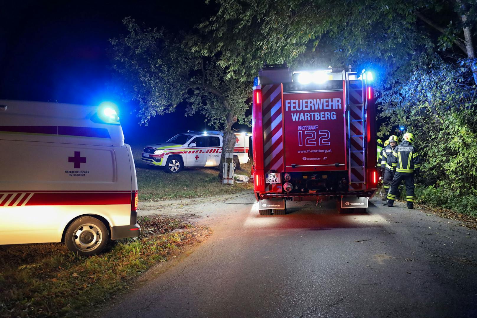 Vier Verletzte hat in der Nacht auf Samstag ein schwerer Verkehrsunfall in Wartberg an der Krems (Bezirk Kirchdorf an der Krems) gefordert, bei dem ein Auto gegen einen Baum geprallt ist.