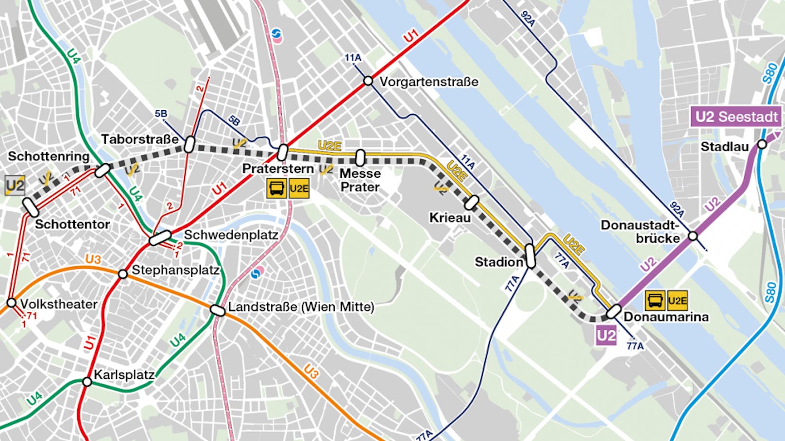 Wegen wichtiger Arbeiten fährt die U2 am Sonntag von 20:30 Uhr bis Betriebsschluss nur zwischen Seestadt und Donaumarina.