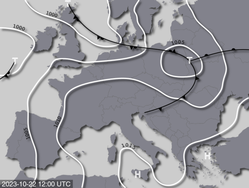 Bodendruck- und Frontenkarte für Sonntag, den 22. Oktober 2023, 14 Uhr MESZ