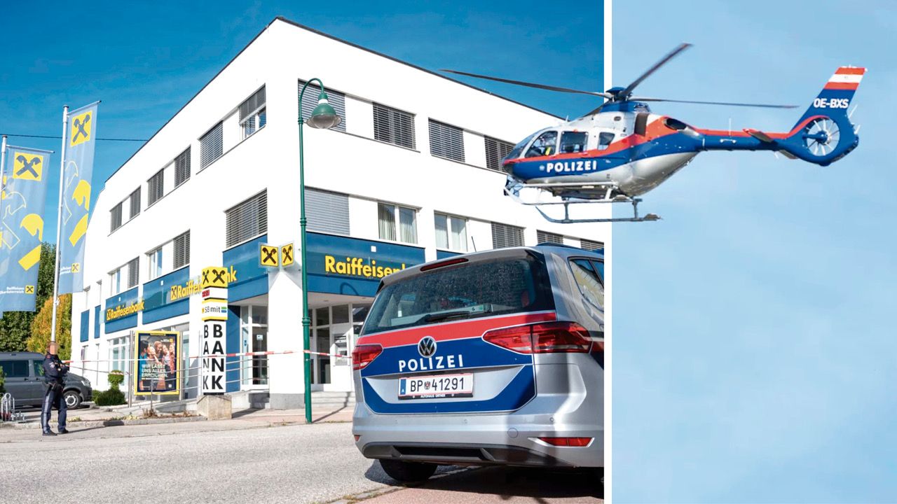 Die Raiffeisenbank in Schwertberg im Mühlviertel wurde überfallen. Mit Helikopter und Hunden wird gefahndet.