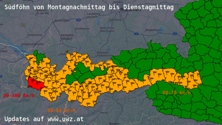 Einschätzung der Föhnstärke am Montag und Dienstag, Stand 22.10.2023 12:30 Uhr