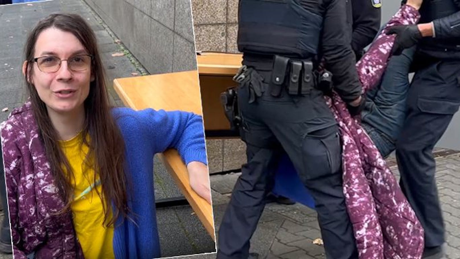 Polizei trägt Klimakleber-Chefin mit Tisch ins Freie
