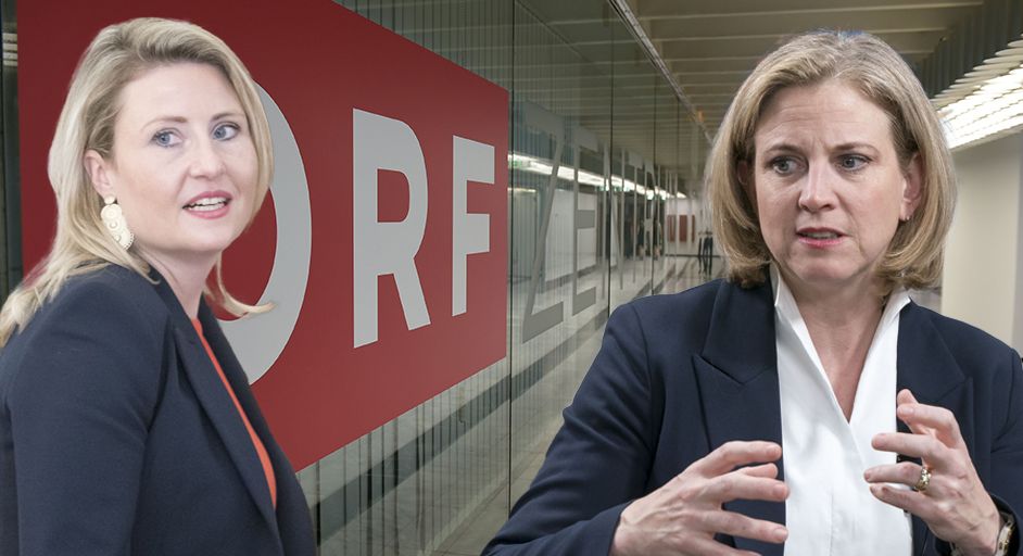 Neos-Chefin Meinl-Reisinger (r.) will ein neues ORF-Gesetz; Medienministerin Susanne Raab beharrt auf Fahrplan.