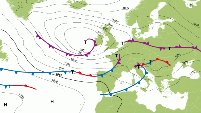 Bodendruck- und Frontenkarte für Freitag, den 27. Oktober 2023, 14 Uhr MESZ 